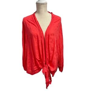 Lovestitch Kimono Top Womens S Red Floral Textured Flowy Tie Front Boho Beachy